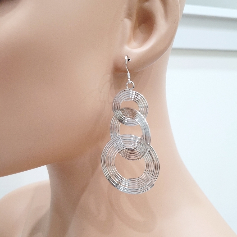 Brand New Silver Tone Hoop Dangle Long Earrings